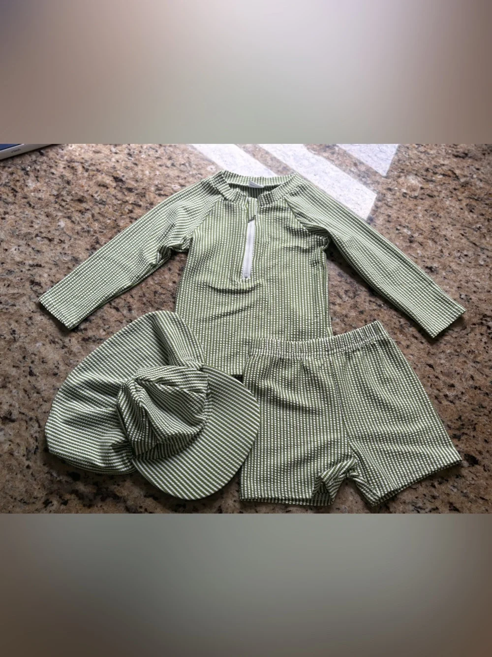 NWOT Green Striped Swim Set - Rash Guard, Shorts, & Hat- Size 12-18 Months